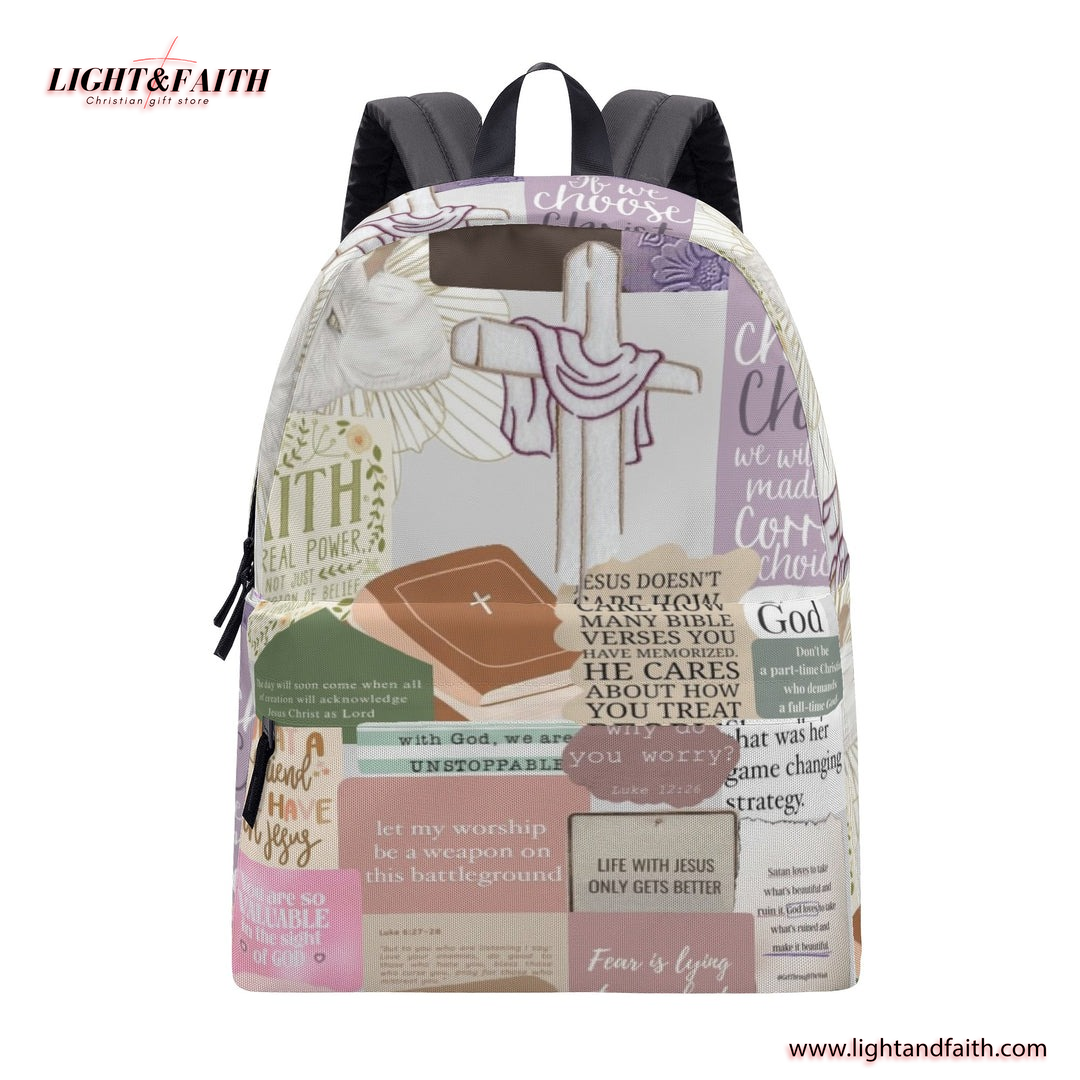Christian Cross Collage Backpack, Bible Verse Inspirational Backpack, Faith Over Fear Backpack, Worship and Scripture School Bag, Religious Motivational Gift.PLAF51
